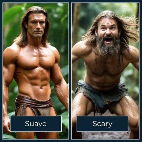 split comparison of tv tarzan figure vs a bearded and unkept tarzan