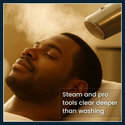 Close-up of a man under a facial steamer, illustrating how professional facials remove blockages beyond surface cleansing.