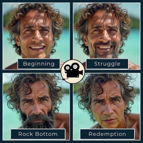 a sequence of 3-4 images showing the character at different stages with simple labels like "Beginning," "Struggle," "Rock Bottom," and "Redemption.