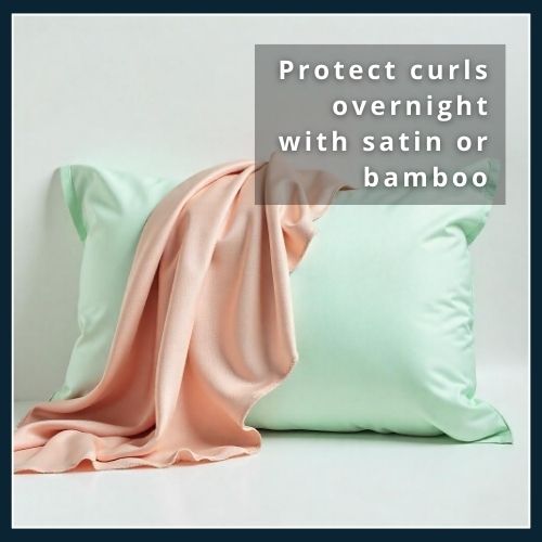a bamboo pillowcase and a satin bonnet on a bed, illustrating how satin and bamboo fabrics prevent nighttime frizz.