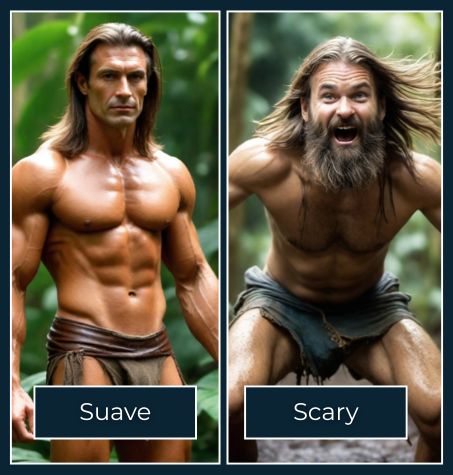 split comparison of tv tarzan figure vs a bearded and unkept tarzan