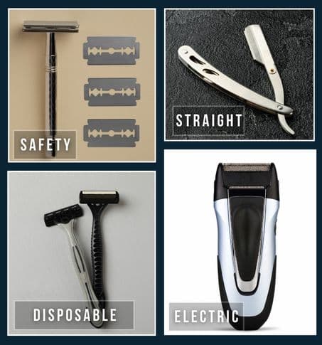 collage of flat lays of different types of Men's razors, including safety, straight, electric and disposable
