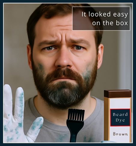 Man with patchy beard dye and stained skin showing common beard problems