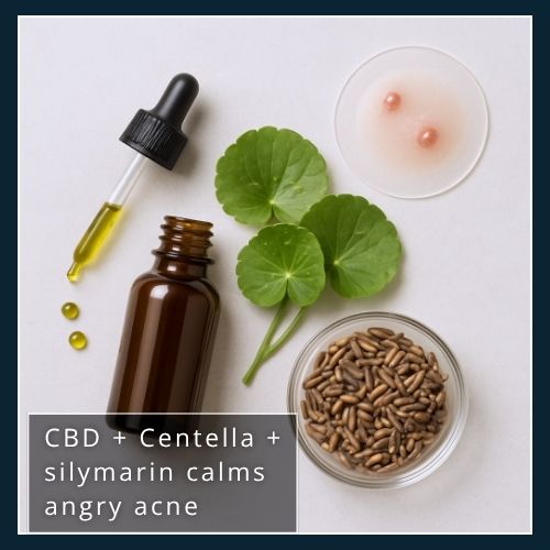 Flat-lay of a CBD dropper bottle, fresh Centella asiatica leaves, milk-thistle seeds, and a skin patch with fading red pimples, illustrating a herbal blend that early studies suggest may reduce inflamed acne.
