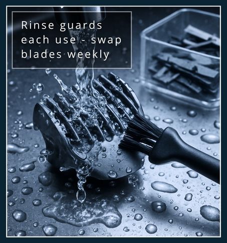 Beard-trimmer guard being rinsed and brushed clean next to a bin of used blades, highlighting tool hygiene.