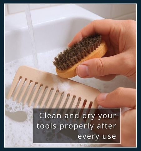 Beard brush and comb being cleaned with soapy water to remove buildup
