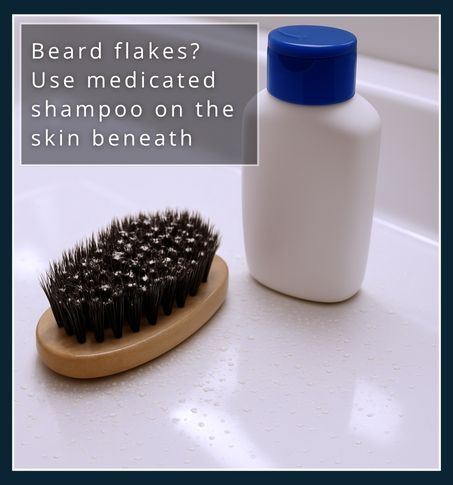 Beard brush with flakes next to medicated shampoo, suggesting treatment for seborrheic dermatitis under a beard.