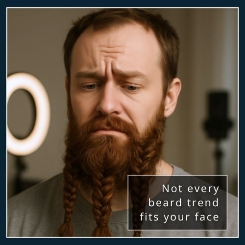 Man with beard plaits that look mismatched to his face and beard texture, showing beard styling errors
