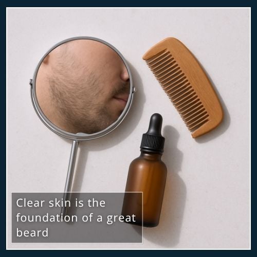 Mirror showing smooth cheek beside a beard comb and skincare serum, stressing that healthy skin comes before beard products.