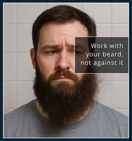 Man with one side of his beard straight and the other side curly or frizzy showing common beard styling errors