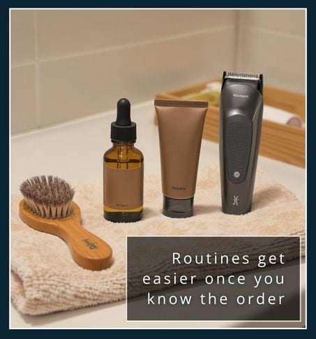 Organised beard care products lined up neatly by the sink