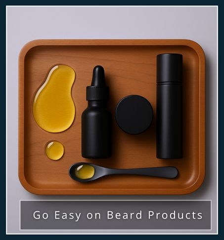 Tray of beard products with a measured pea-sized oil drop and a large oil puddle warning against overuse.