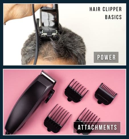 Flat-lay of a heavy-duty cordless hair clipper beside multiple guard comb attachments in different lengths, illustrating the importance of power and versatility when selecting clippers