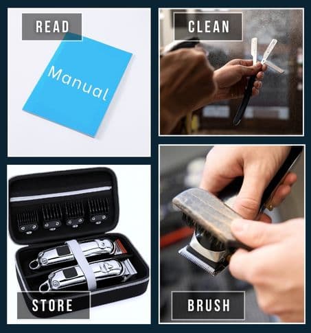 Flat-lay of hair clipper, cleaning brush, clipper-oil bottle, and an open instruction booklet, illustrating essential cleaning and maintenance steps.