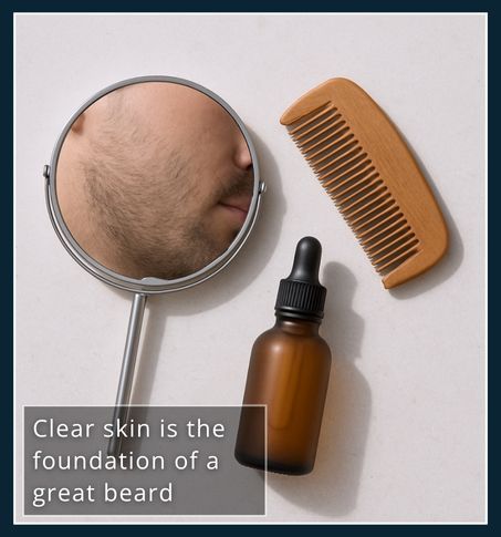 Mirror showing smooth cheek beside a beard comb and skincare serum, stressing that healthy skin comes before beard products.