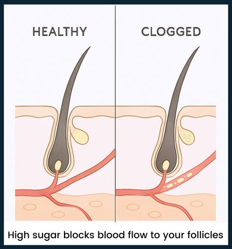 Side-by-side diagram of a healthy hair follicle with open blood flow and another with vessels clogged by sugar, explaining how high blood sugar starves beard roots.