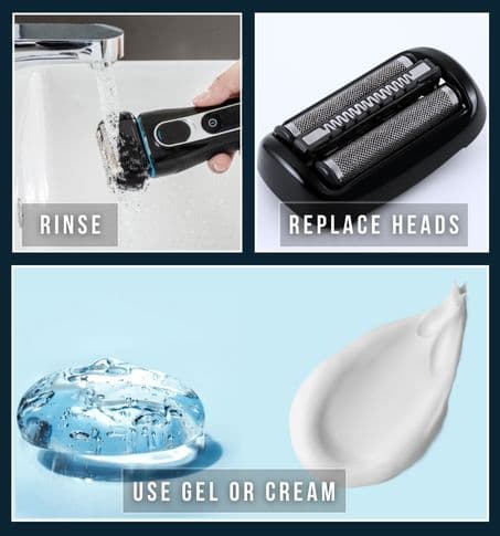 Collage of razor care actions including replacing razor heads, rinsing and using cream or gel to help the razor do its job properly