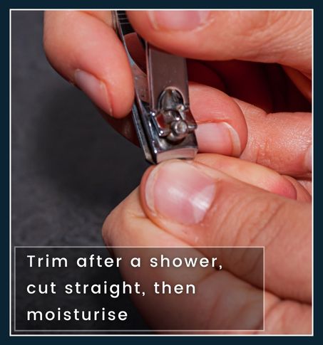 Man trimming nails after a shower and applying moisturiser to hands