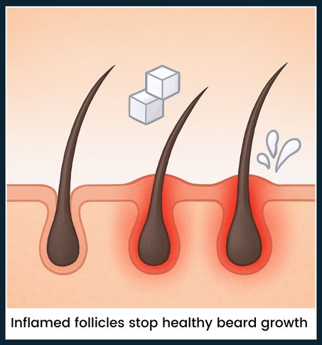Illustration of normal and inflamed beard follicles with a milk splash icon, showing how sugar and dairy-triggered inflammation blocks beard growth.