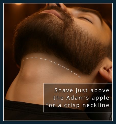Close shot of a beard neckline with a dashed guide, demonstrating where to shave.
