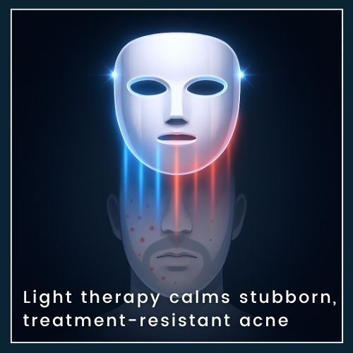 Photorealistic LED face mask emitting red and blue light onto a mannequin head, with acne spots fading under the beams, illustrating light therapy for resistant acne.