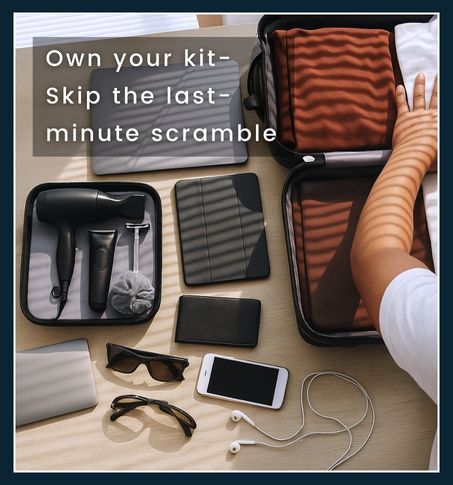 a man preparing for travel has been with a grooming kit including a hair dryer, beard trimmer, safety razor, nail clipper, and a loofah.