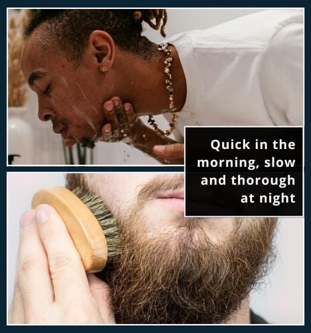 Split image of fast morning beard routine and calm evening care with oil and brush