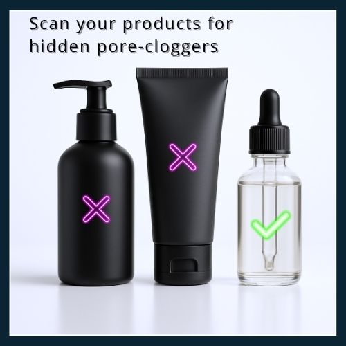 Photorealistic lineup of three grooming bottles; a red X symbols on two opaque bottles and a green check on a clear bottle, illustrating how hidden ingredients can clog pores.