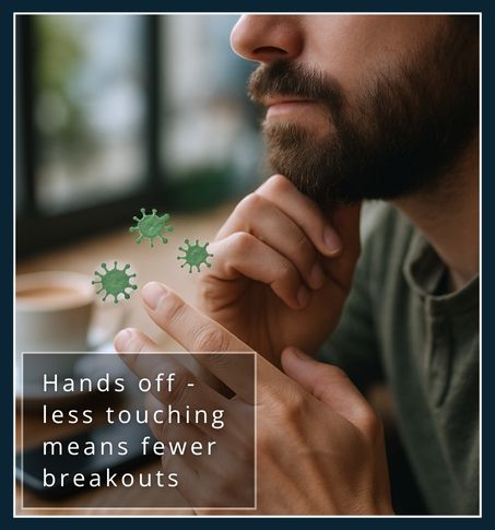 Hand about to touch a beard with bacteria icons illustrating how touching spreads dirt and causes breakouts.