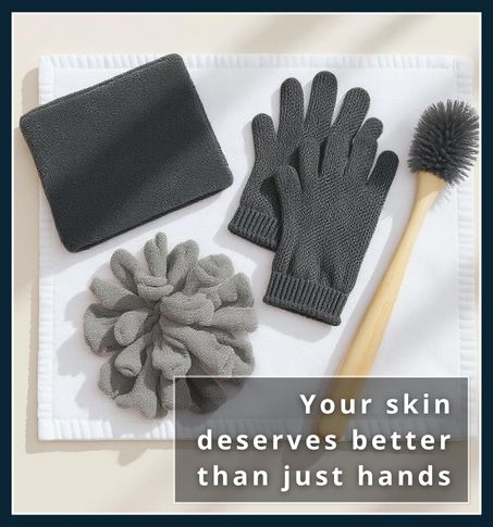 Washcloth, loofah, exfoliating gloves, and body brush laid out together
