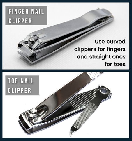 Fingernail and toenail clippers side by side on bathroom counter