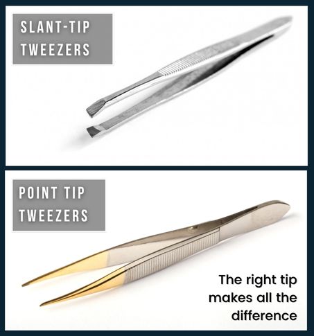 Slant-tip and point-tip tweezers laid out on a clean grooming surface