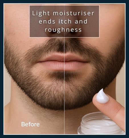 Before-after split showing dry beard skin versus moisturised skin with a fingertip of gel cream.