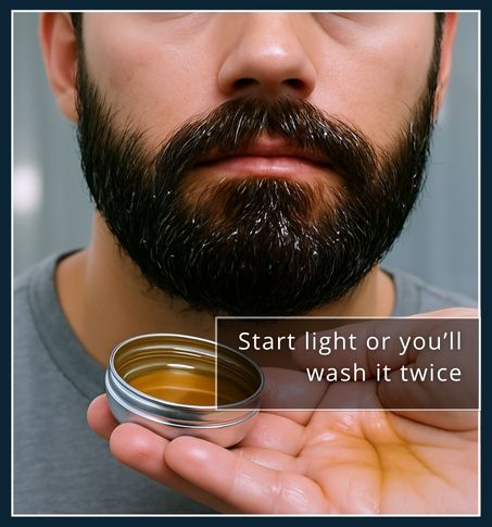 Overapplied beard balm or oil causing greasy, clumpy beard texture, a common beard care mistake