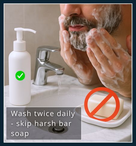 Hands washing a bearded face with gentle cleanser while a barred-out soap sits aside, showing proper beard hygiene.