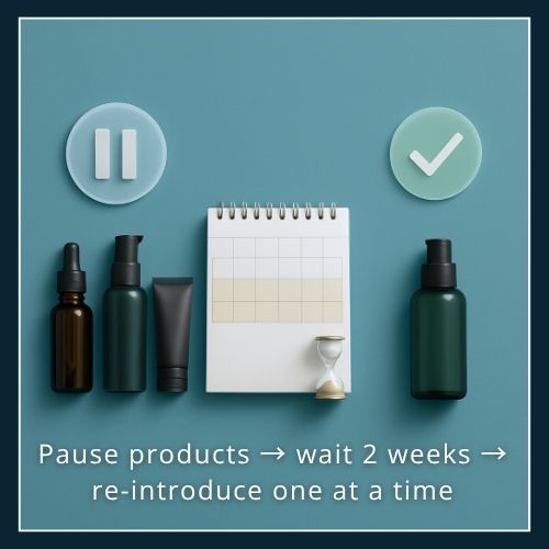 Three-panel flat-lay: first shows a row of skincare bottles with a pause symbol, second a desk calendar highlighting two weeks, third a single product with a green check mark—illustrating how to pause, reset, and slowly re-introduce products when acne won’t clear.