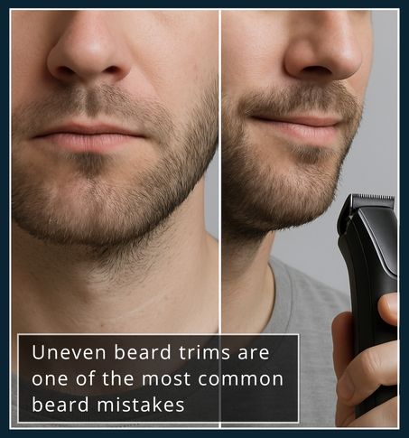Man with uneven beard after trimming mistake, showing common beard problems and trimming errors