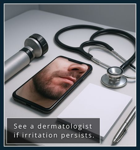 Dermatology tools and a phone showing a beard rash, indicating it’s time to see a dermatologist when problems persist.