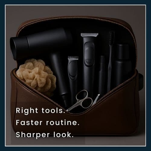 A beautiful high-resolution studio shot of a men's grooming kit in a very high-end, stylish men's bag. The bag is open and neatly brimming with high-end grooming tools including a sleek hairdryer, a loofah, hair trimmers, a toothbrush, and other grooming essentials.