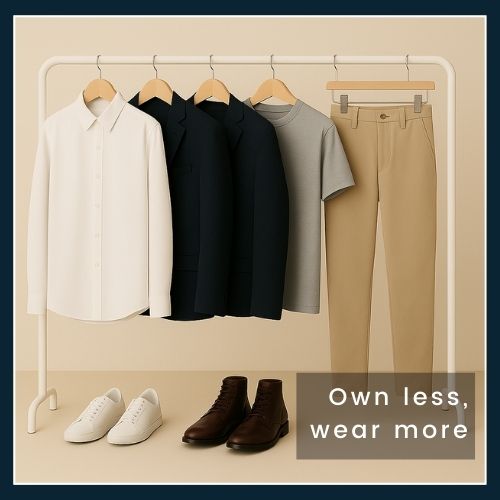 Minimalist wardrobe rail with a select few versatile men’s clothing items - shirts, blazer, jeans, chinos, sneakers, and boots - illustrating a simple capsule wardrobe.