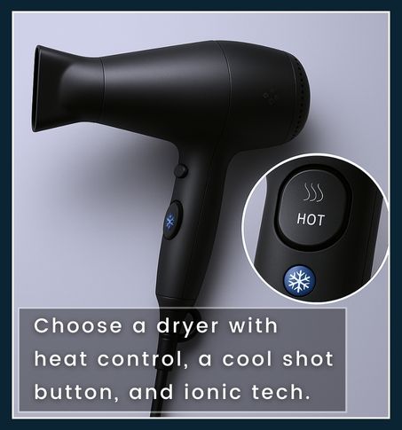 a modern matte-black hair dryer with nozzle attached, positioned center-left as the main focus. Close-up inset circle near handle showing heat-setting dial with warm and hot icons, highlighting adjustable heat and airflow. Cool shot snowflake icon printed on the trigger button with a subtle glow. Small ionic symbol (negative ion graphic) sticker