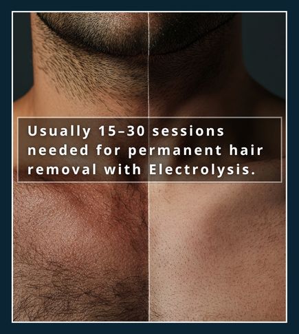a male torso illustrating before and after Electrolysis hair removal treatment. 15-30 sessions needed for full hair removal