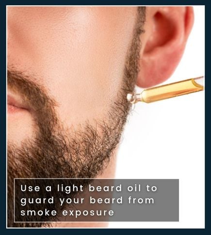 Beard oil with vitamin E or jojoba used as a barrier to protect beard colour from smoke