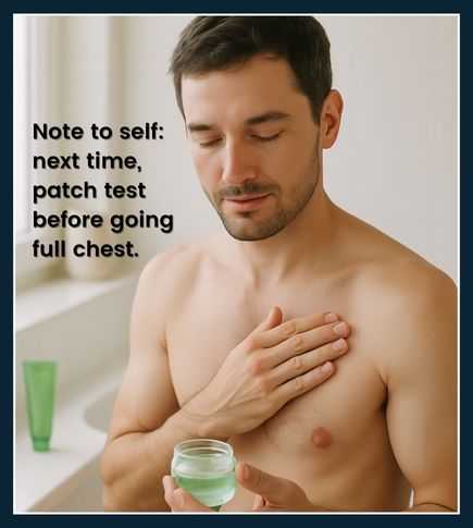 Man applying soothing aloe gel to irritated skin after hair removal cream