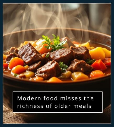 Old-fashioned meal with collagen-rich stew, broth, and whole cuts of meat for beard health