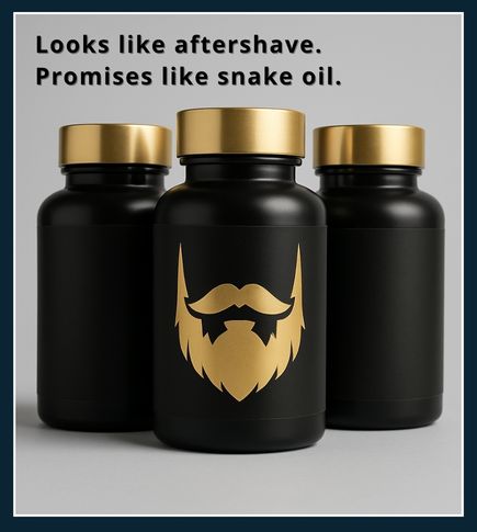 Stylised beard supplement bottles with bold packaging and gold lids - illustrating how the packaging of beard supplements looks powerful, but the contents inside might not be doing much for beard growth