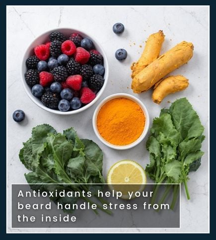 Antioxidant-rich foods like berries, turmeric, and leafy greens shown for beard support