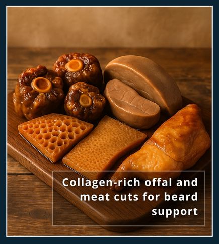 A rustic-style tabletop with slow-cooked collagen-rich meats arranged neatly on a wooden board