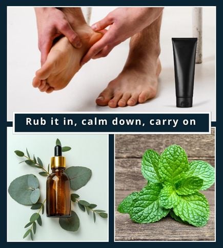 Split image showing a man applying balm to his feet, paired with a flat lay of fresh mint, camphor, and cooling balm ingredients on a neutral surface