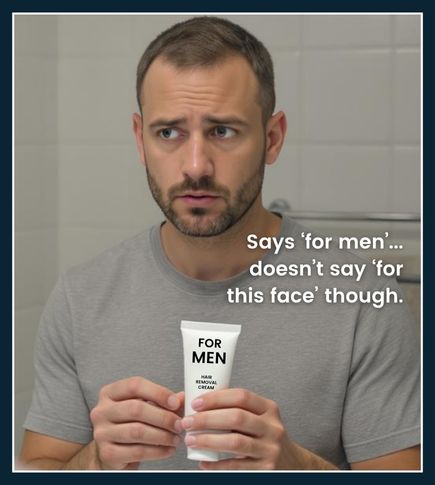 Man reading label on depilatory cream before using it on facial hair